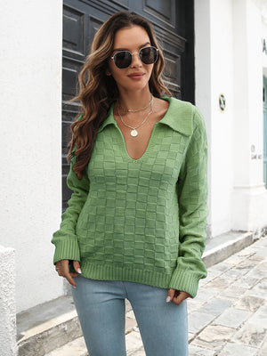 modern dropped shoulder sweater front look with johnny collar design