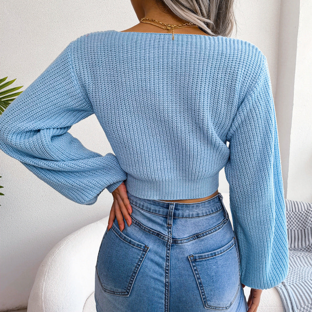 Back look of tie-front rib-knit cropped sweater