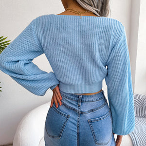 Back look of tie-front rib-knit cropped sweater