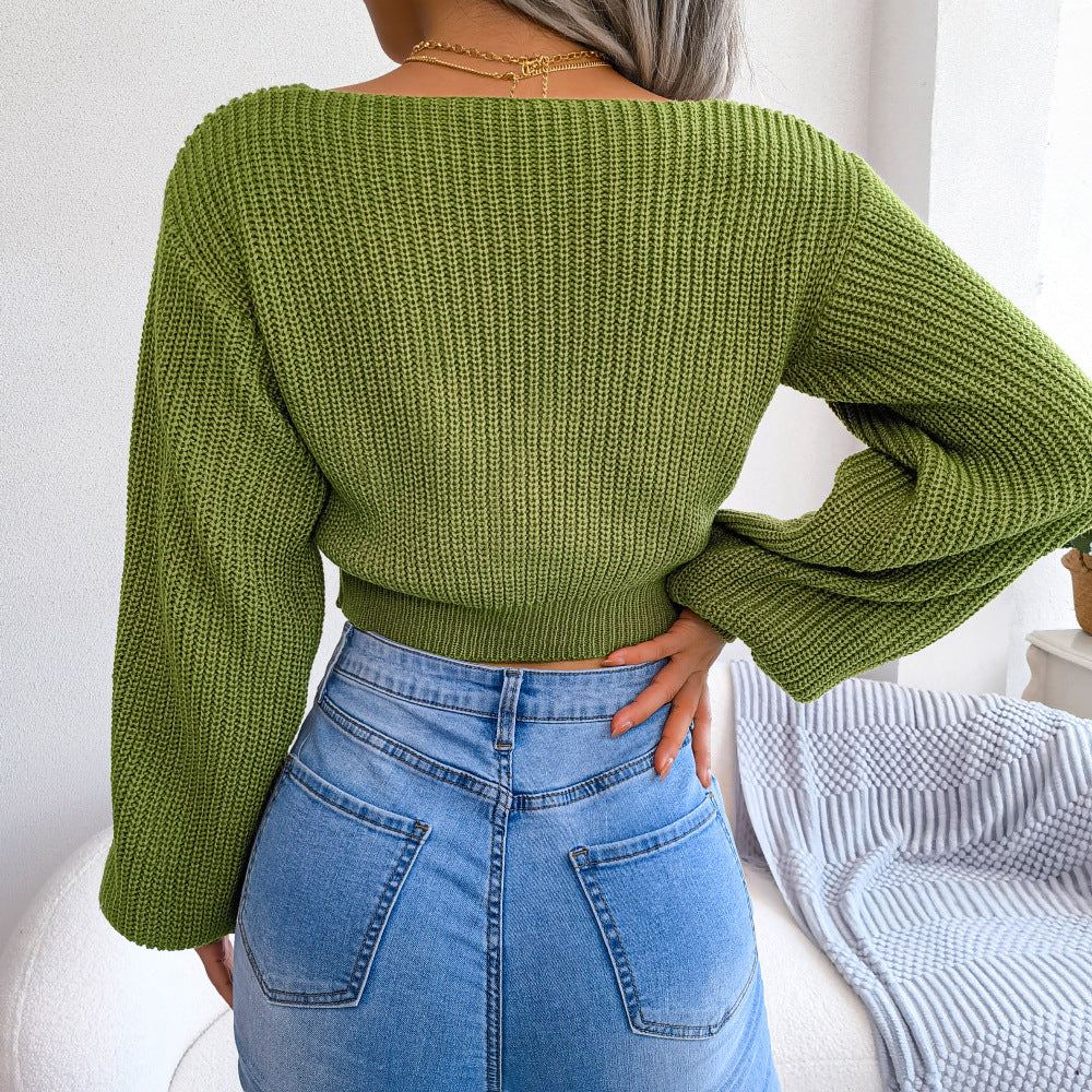 Back view of tie-front rib-knit cropped sweater