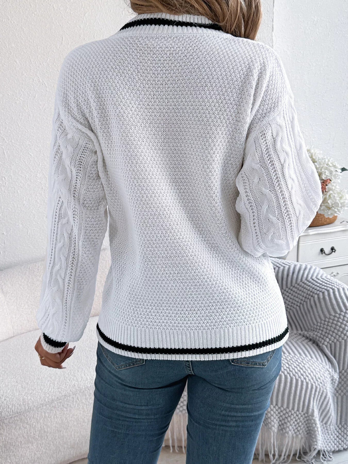 Cable knit sweater back view long sleeve simple design