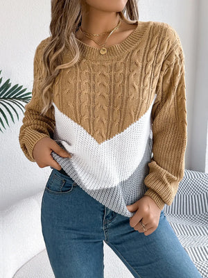 Front view cable knit color block sweater round neck modern look