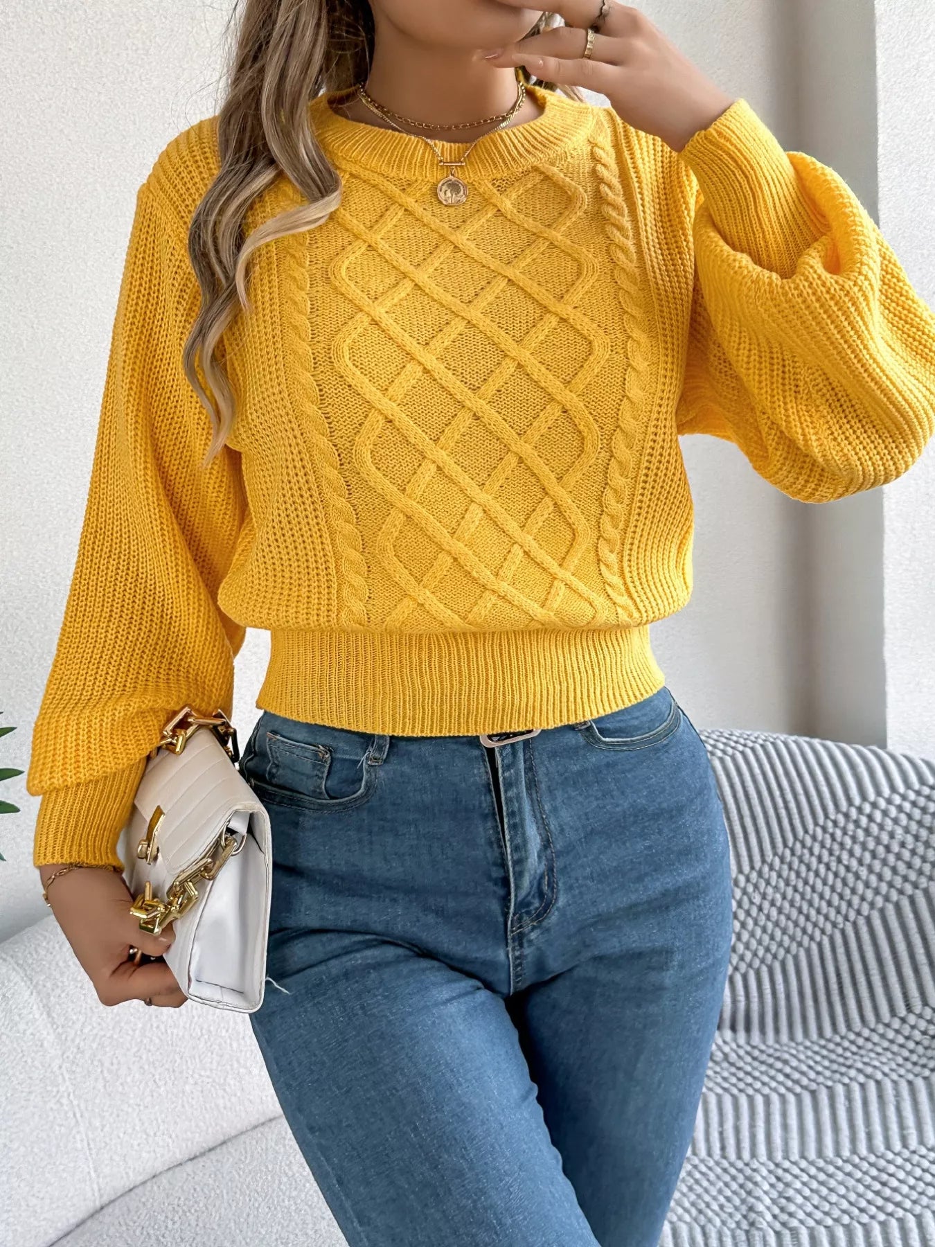 cozy diamond cable knit sweater front casual winter look