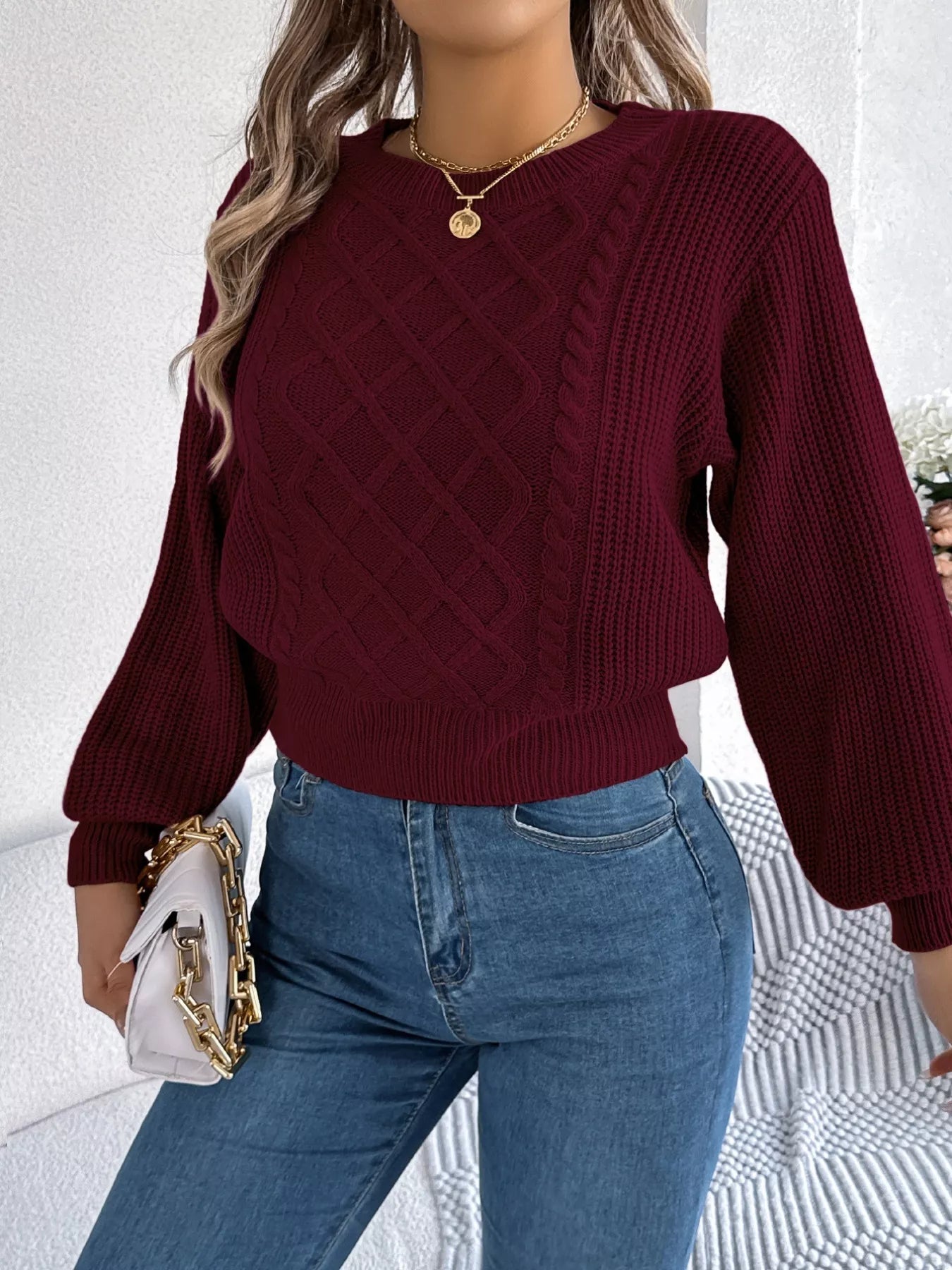 women cozy diamond cable knit sweater front winter fashion