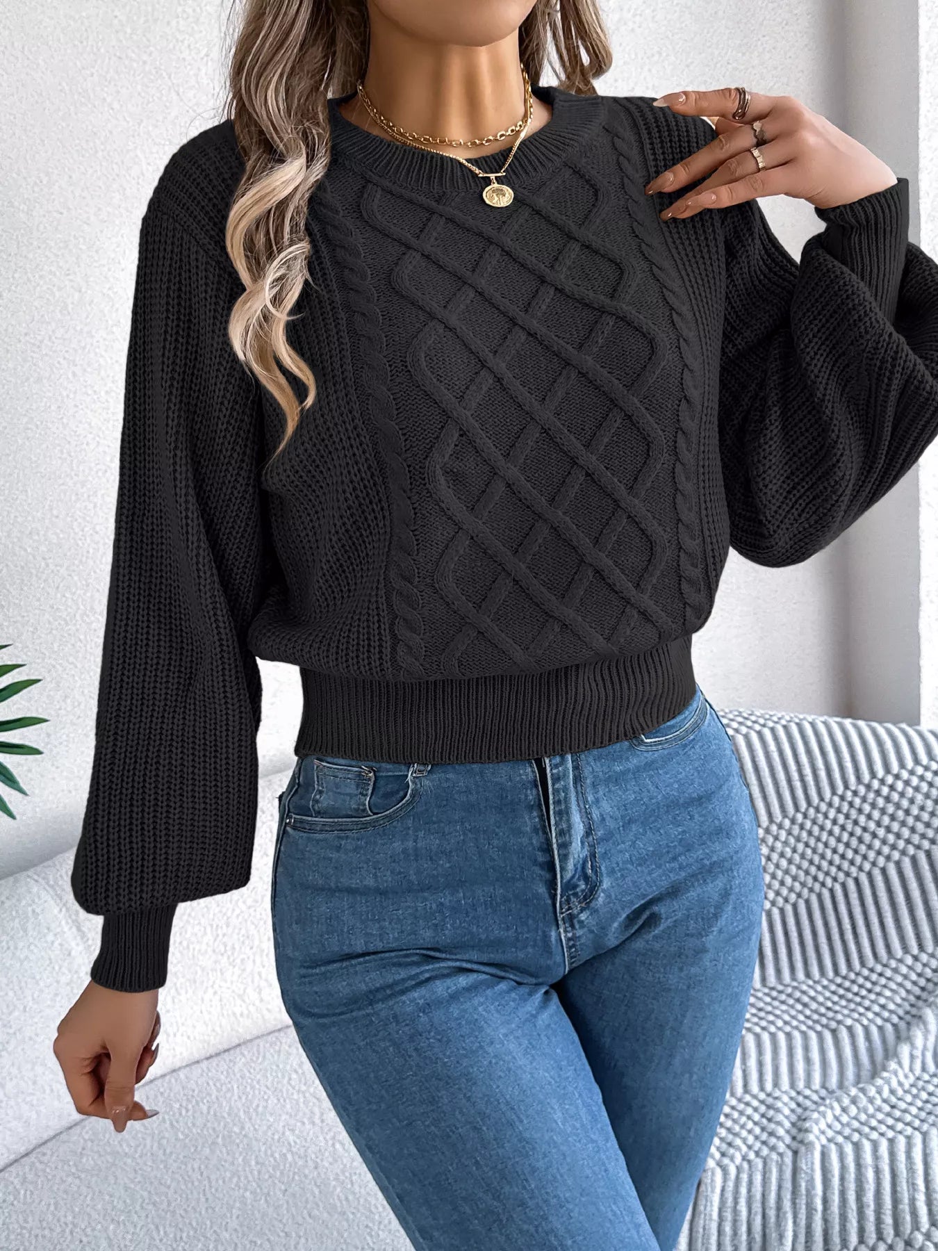 textured diamond cable knit sweater front cozy winter look