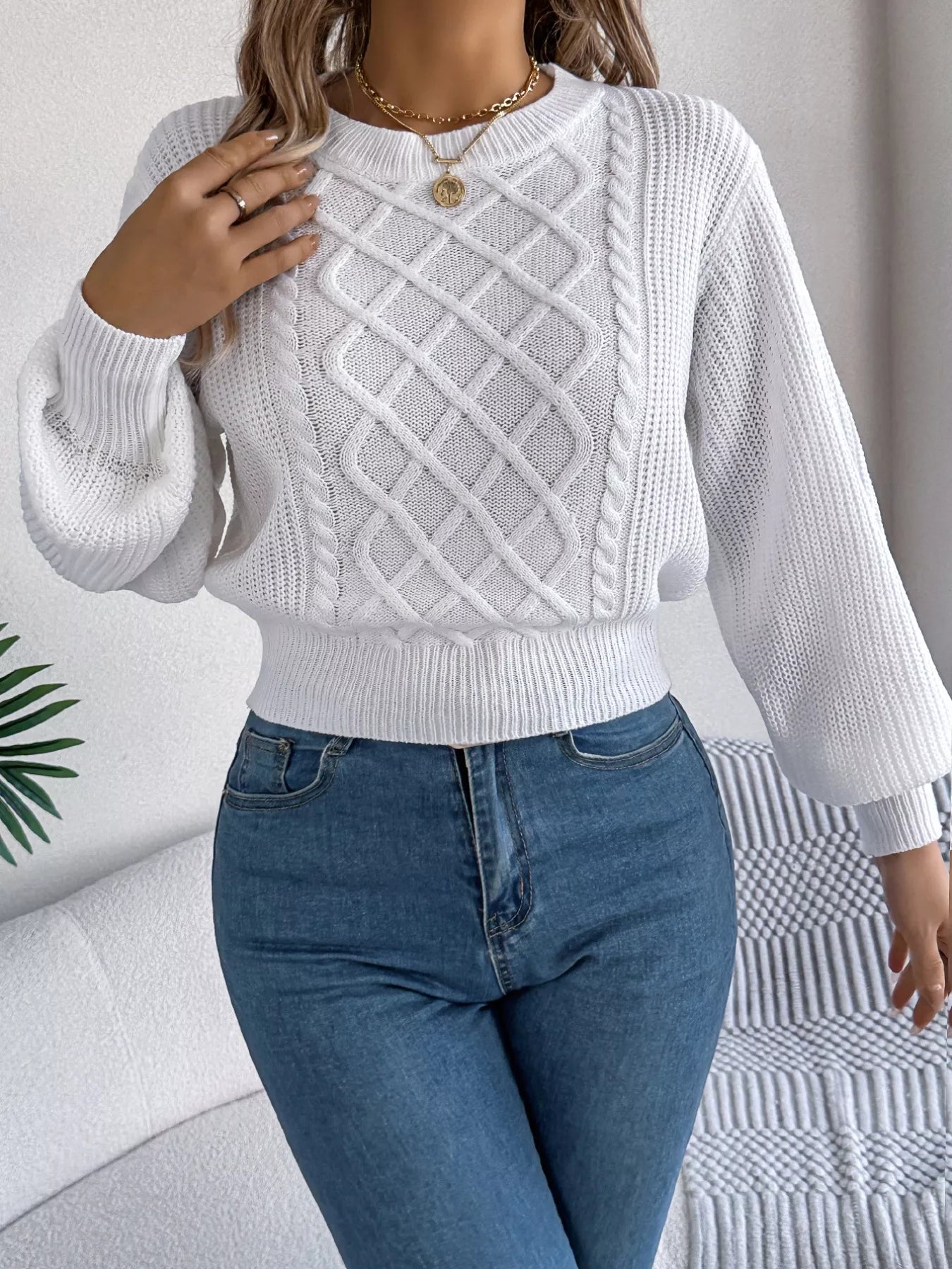 women cable knit diamond pattern sweater front stylish outfit