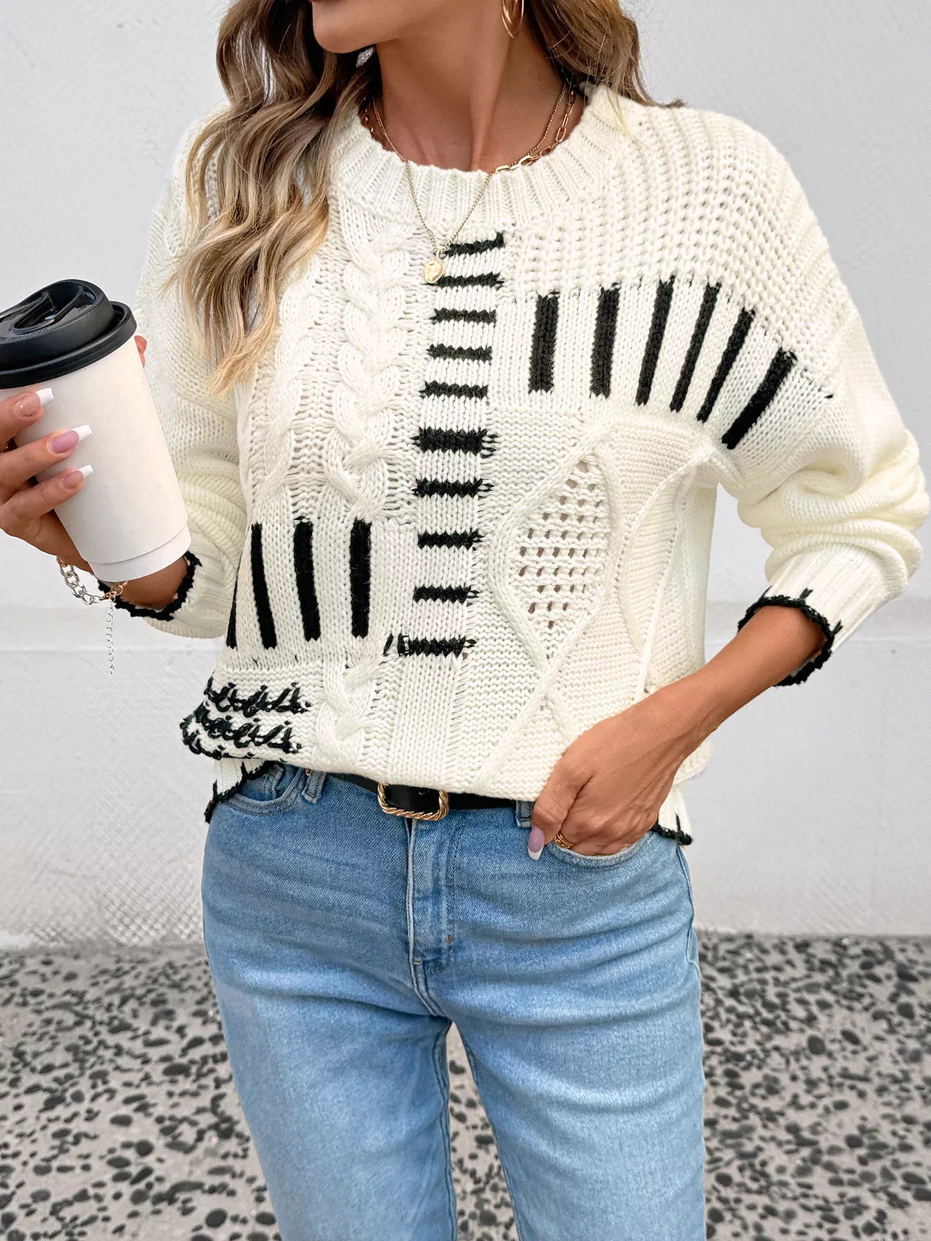 cable knit round neck sweater front view stylish winter outfit