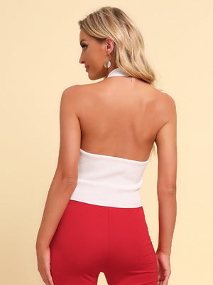 Zip-up halter neck knit top for women back view