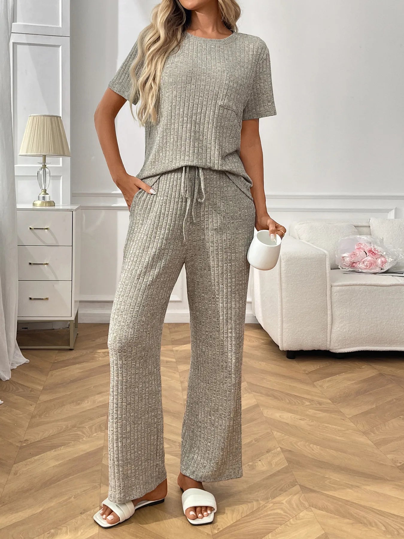 Ribbed knit short sleeve top and pants set front style