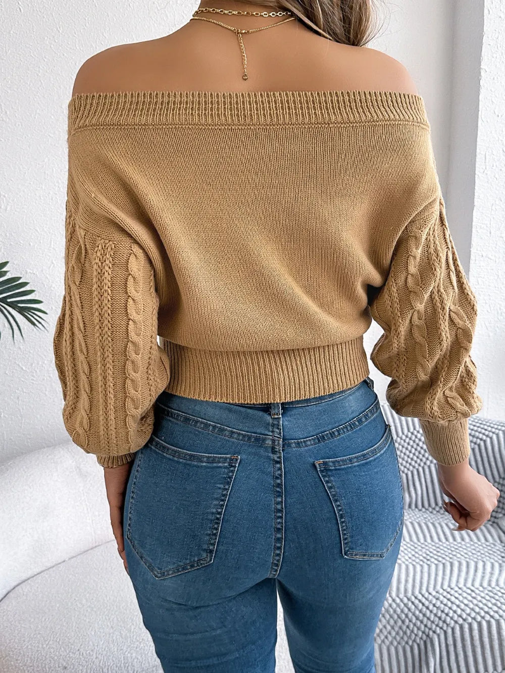 cable knit off shoulder long sleeve sweater back view winter fashion