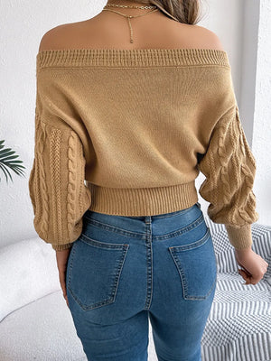 cable knit off shoulder long sleeve sweater back view winter fashion