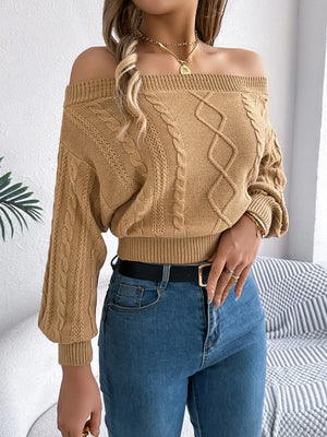 fashion cable knit off shoulder sweater front view cozy winter outfit