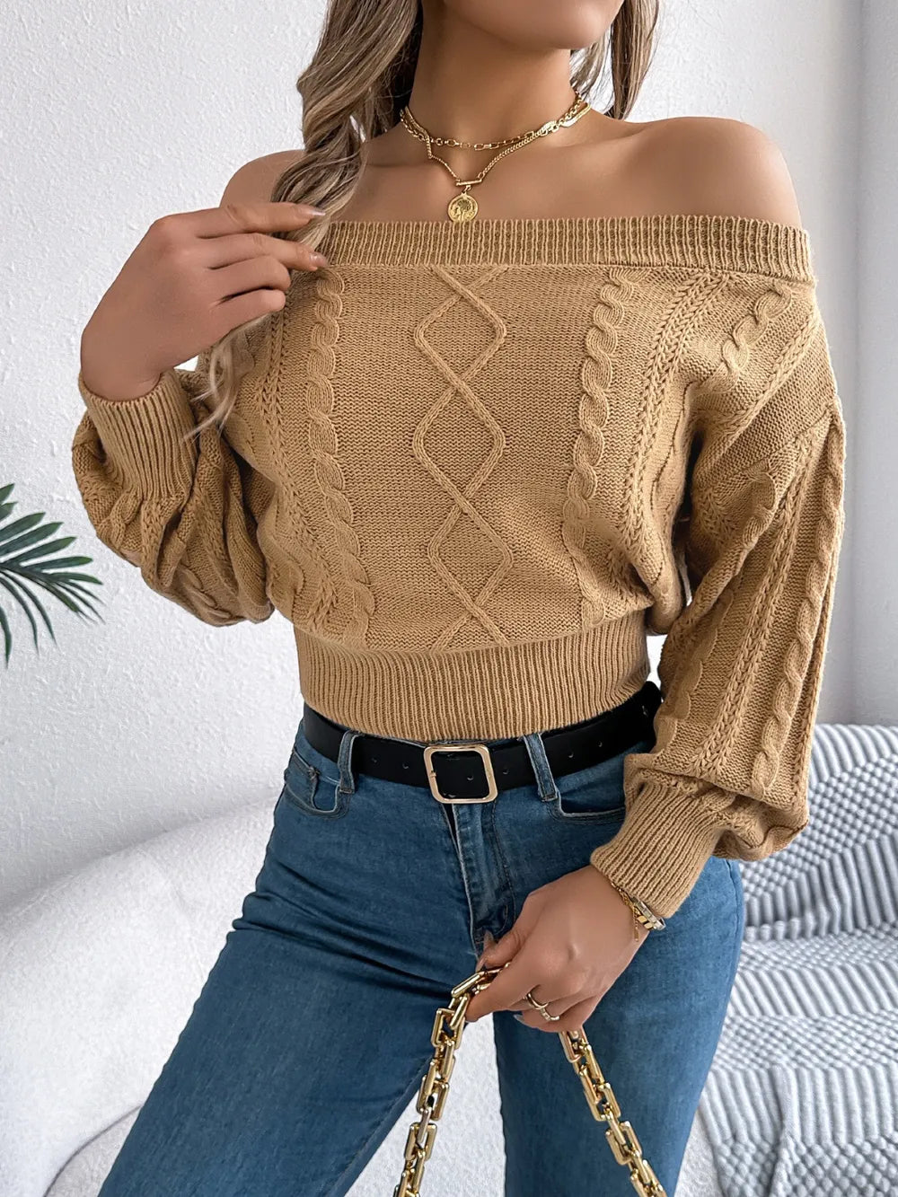 women cable knit off shoulder long sleeve sweater front design