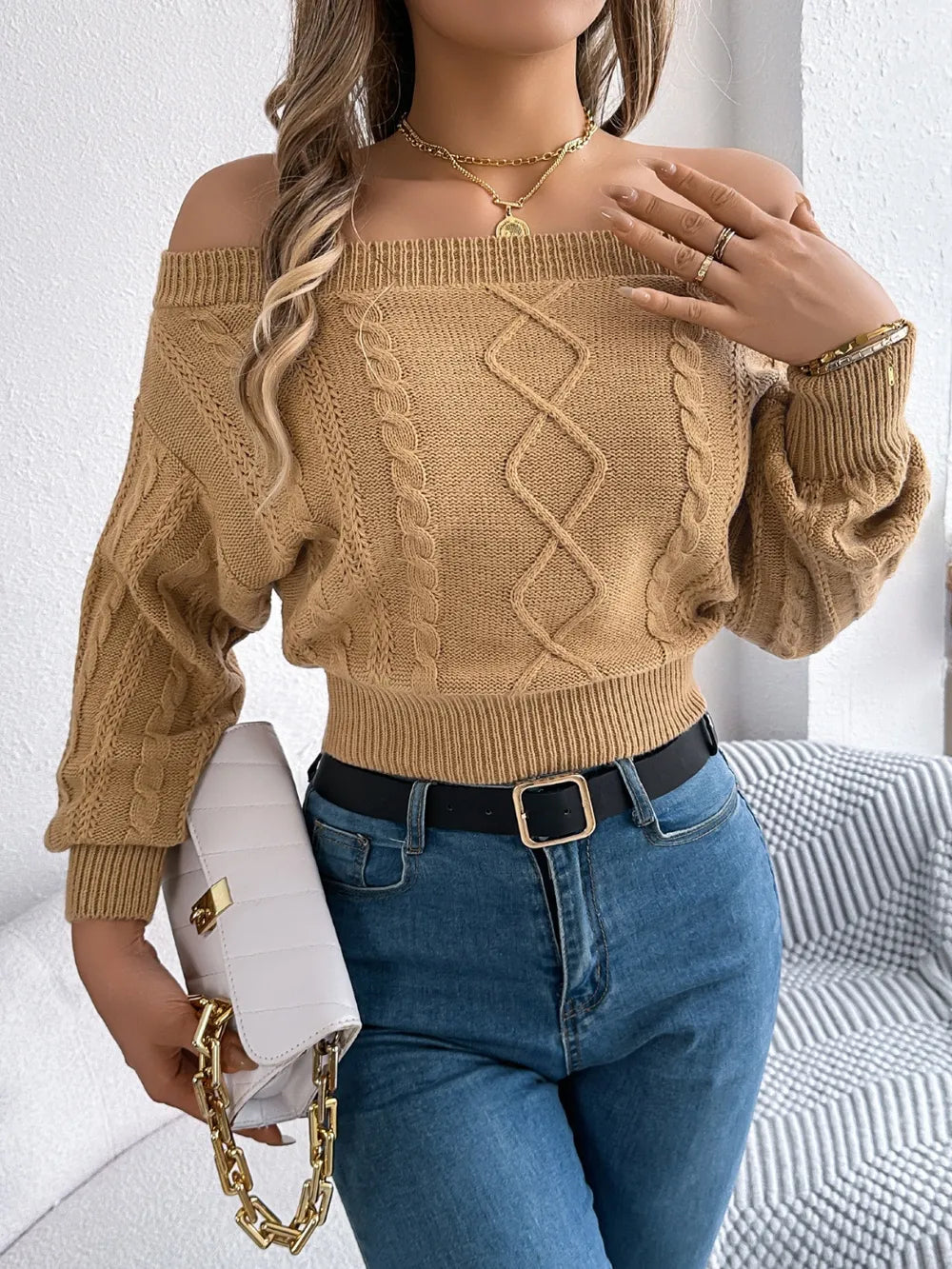 trendy cable knit off shoulder sweater front style casual winter look