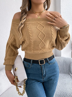 trendy cable knit off shoulder sweater front style casual winter look