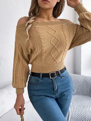 cozy off shoulder cable knit sweater front view women's fashion