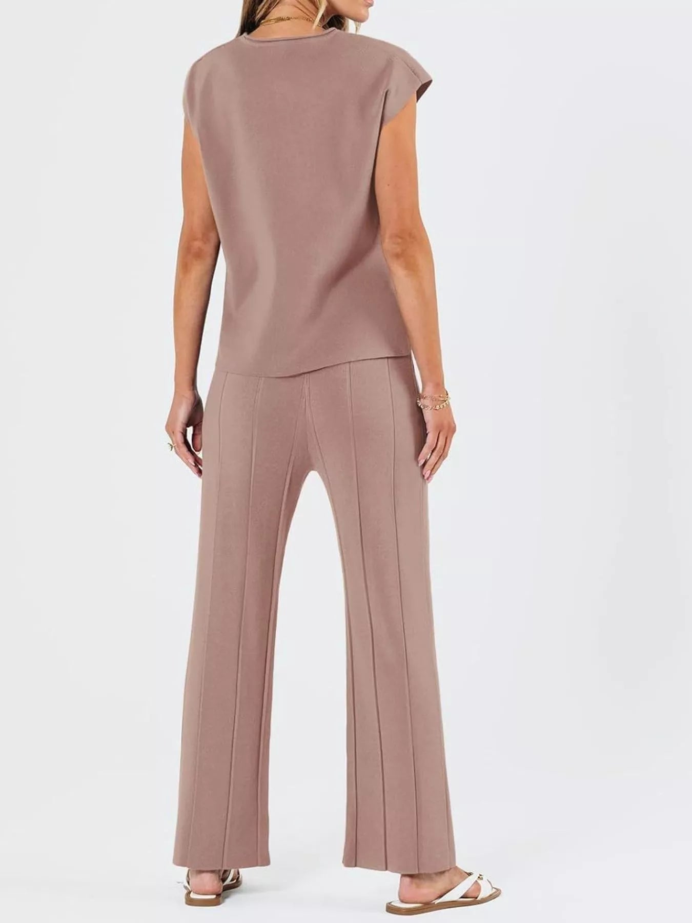 Back full-length view of solid color knit two-piece set