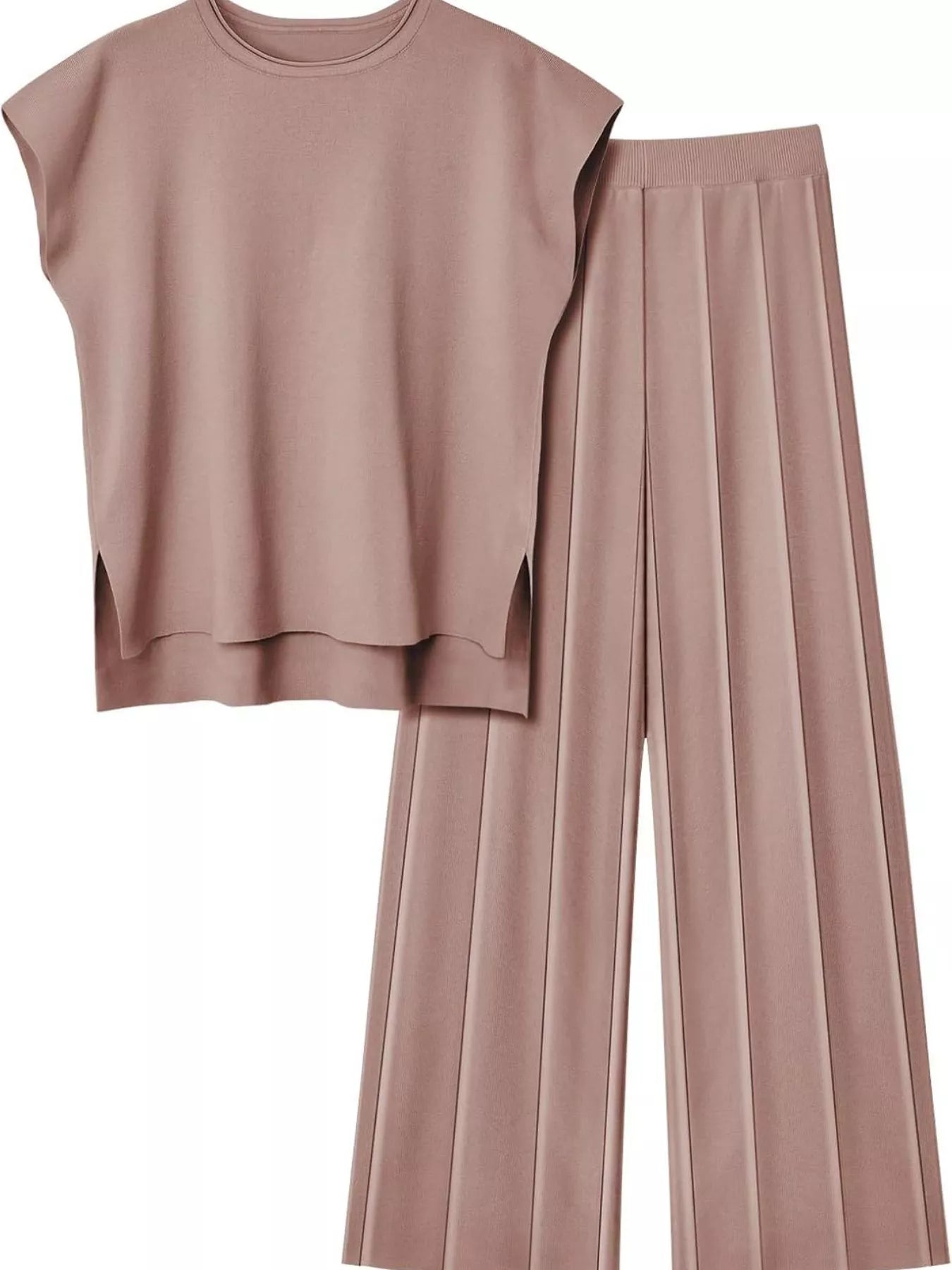 Displayed knit two-piece outfit showing top and pants