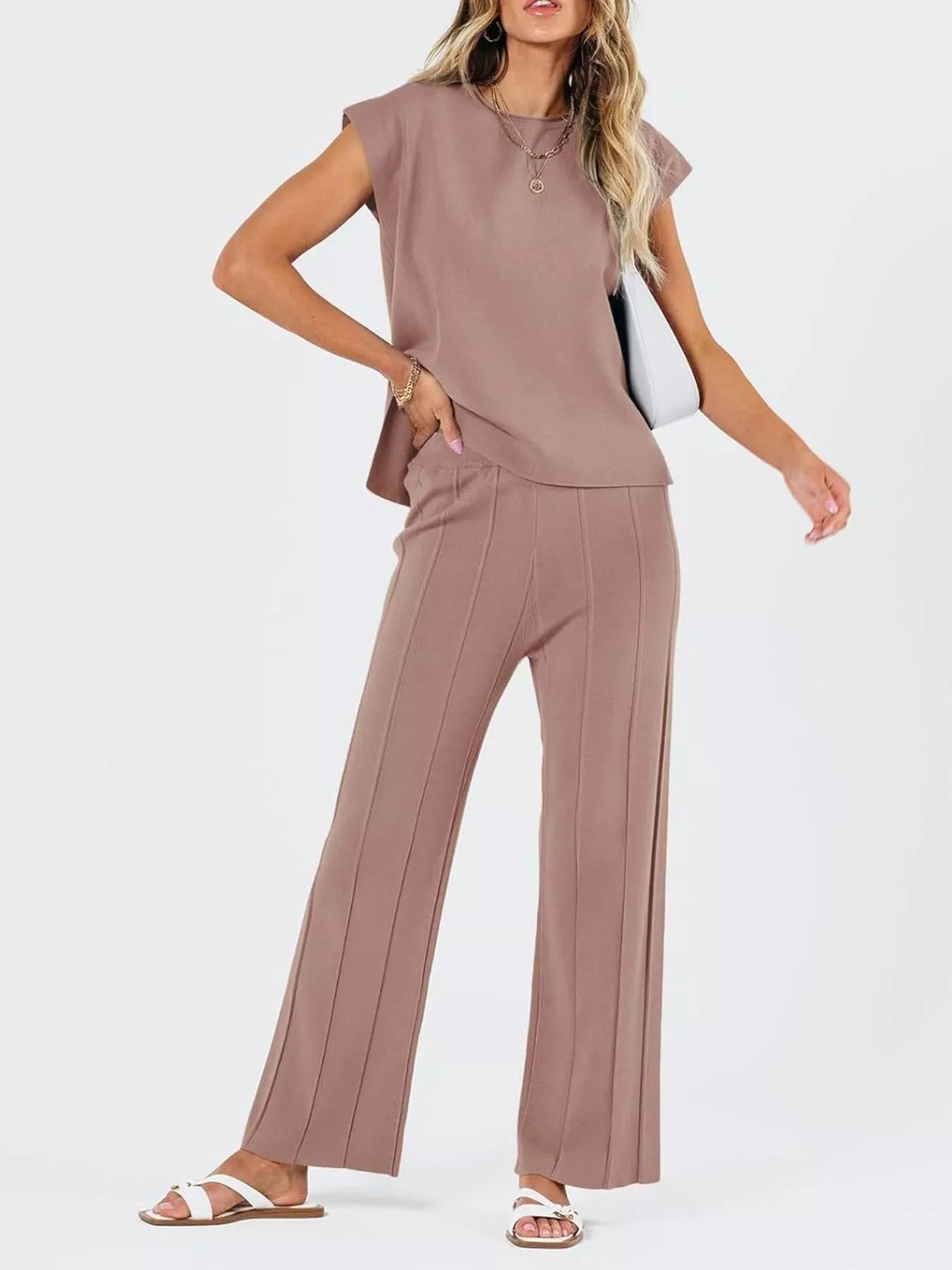 Front full-length view of solid color cap sleeve knit set