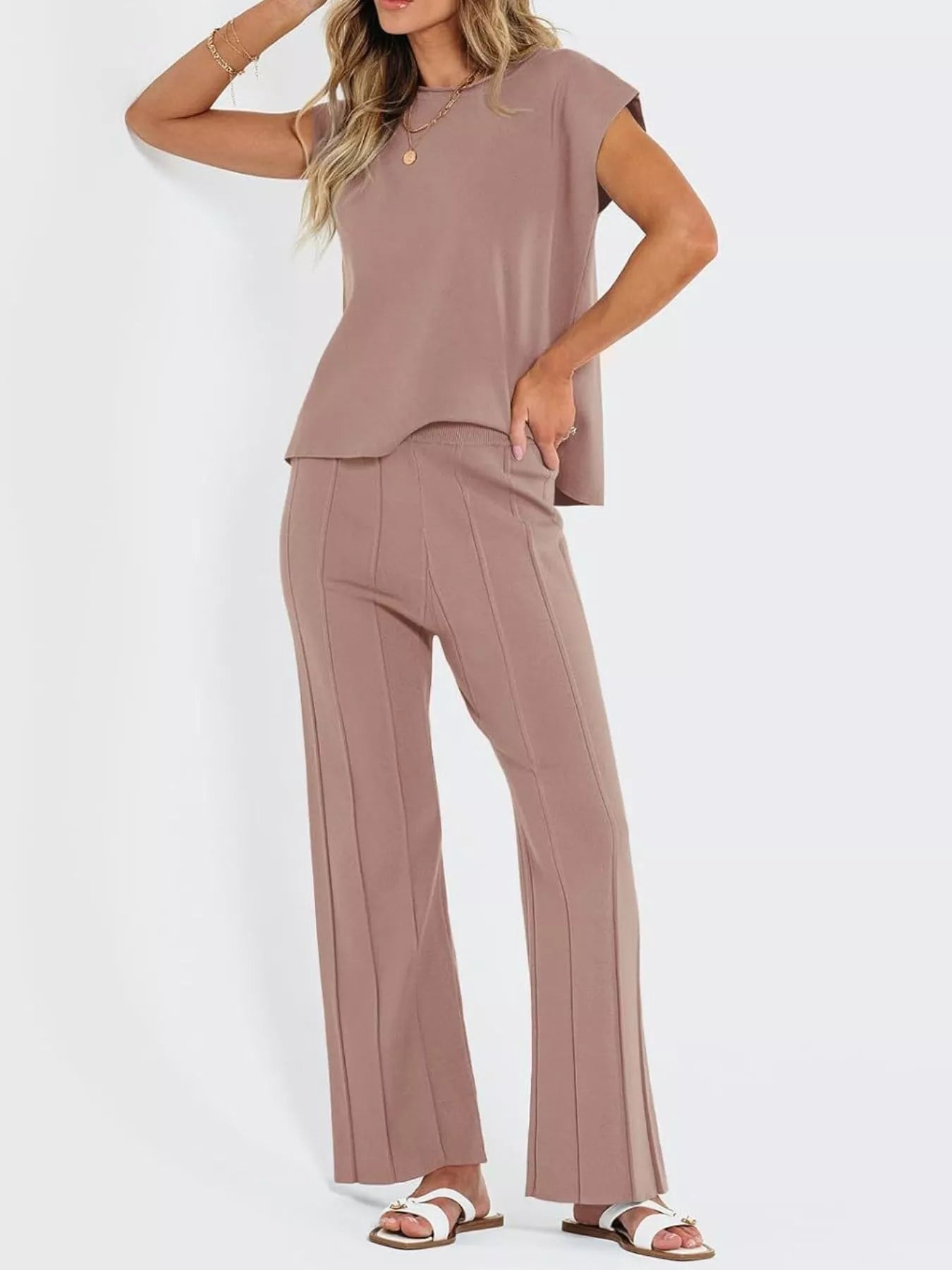 Front relaxed fit view of casual knit top and pants