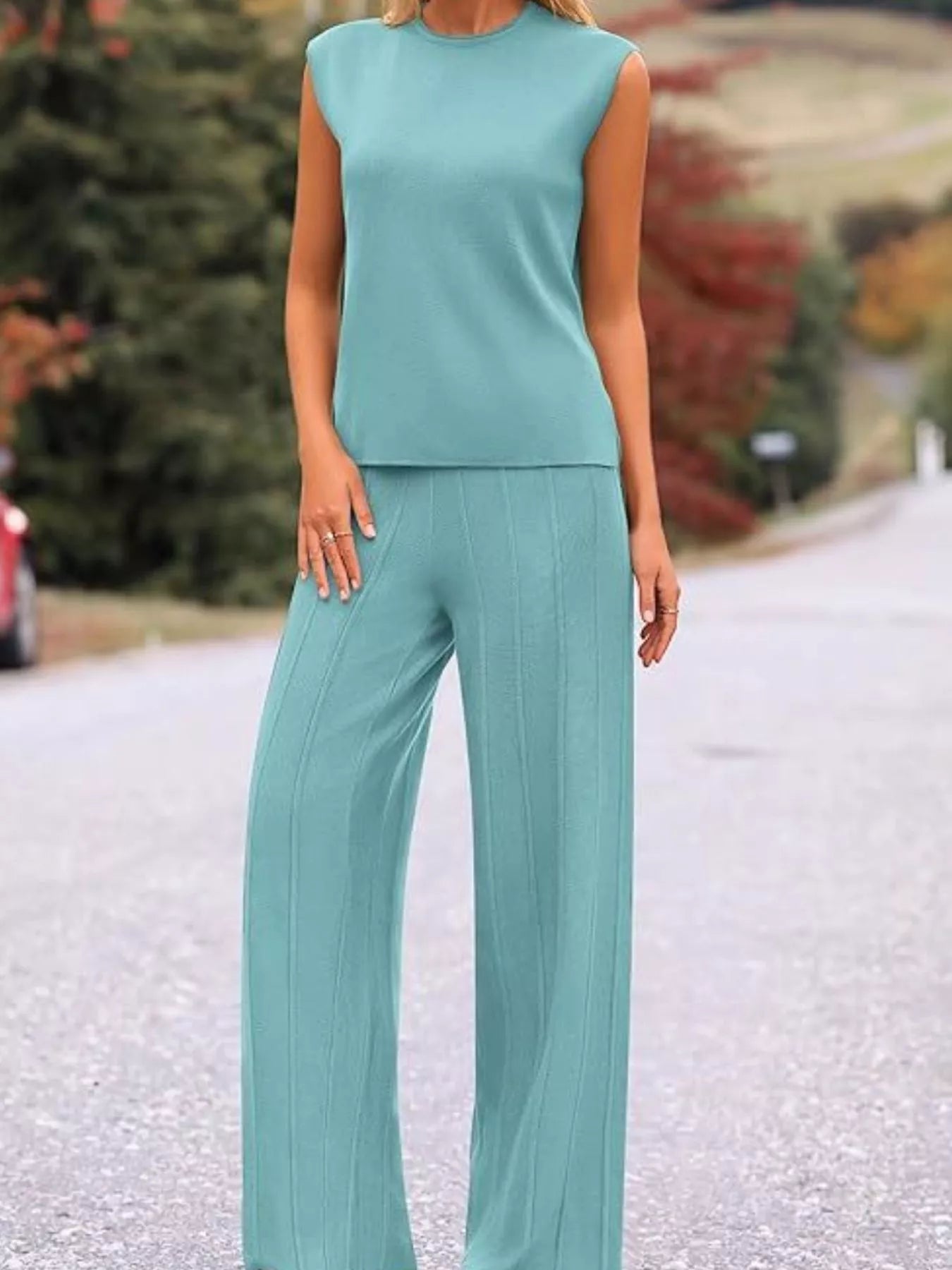 Front casual style view of cap sleeve knit top and pants