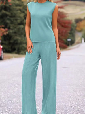 Front casual style view of cap sleeve knit top and pants