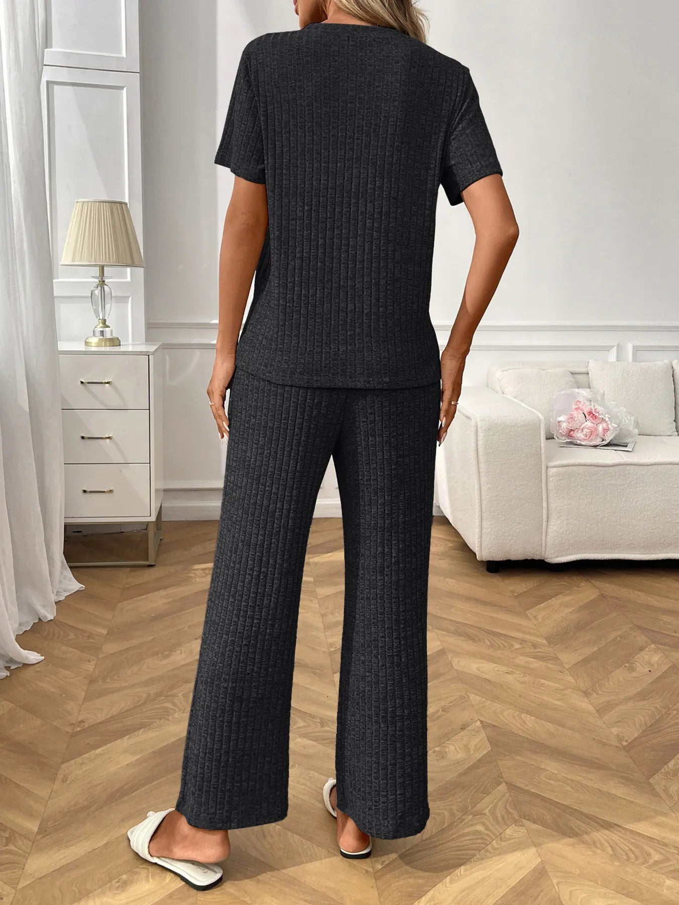 Back view of ribbed knit short sleeve lounge set