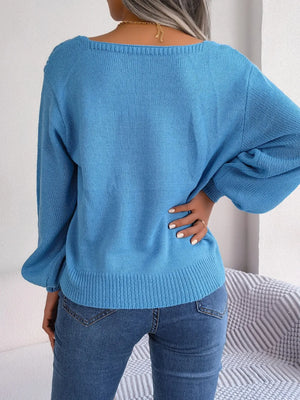 Back side cable knit square neck sweater full length view
