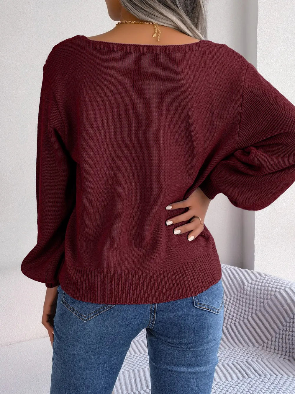 Back view cable knit long sleeve sweater square neckline design