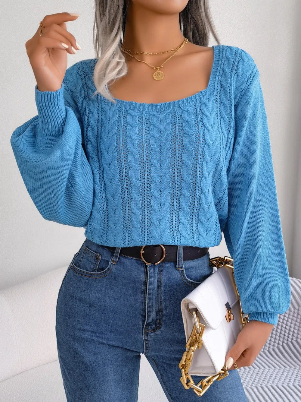 Square neck cable knit sweater front detail soft fabric winter wear