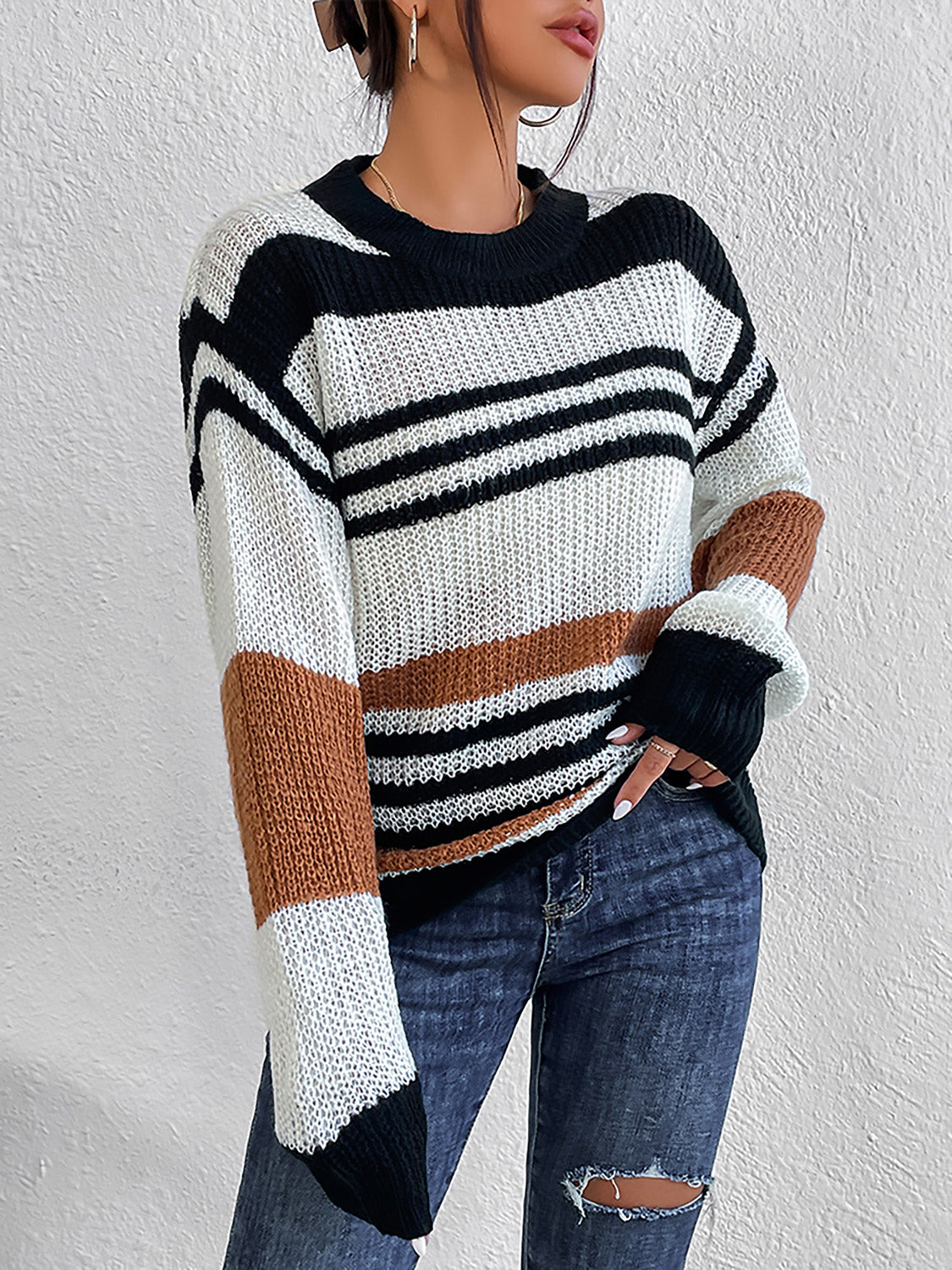 Stylish striped knit sweater front view soft fabric design