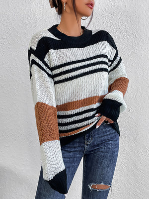 Stylish striped knit sweater front view soft fabric design