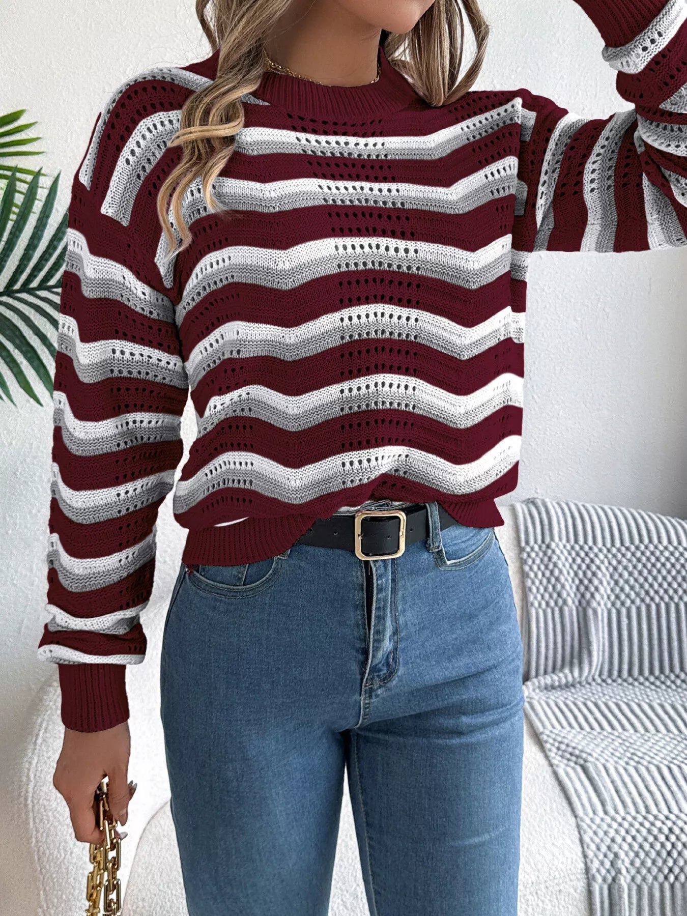 Soft knit striped sweater front design for women