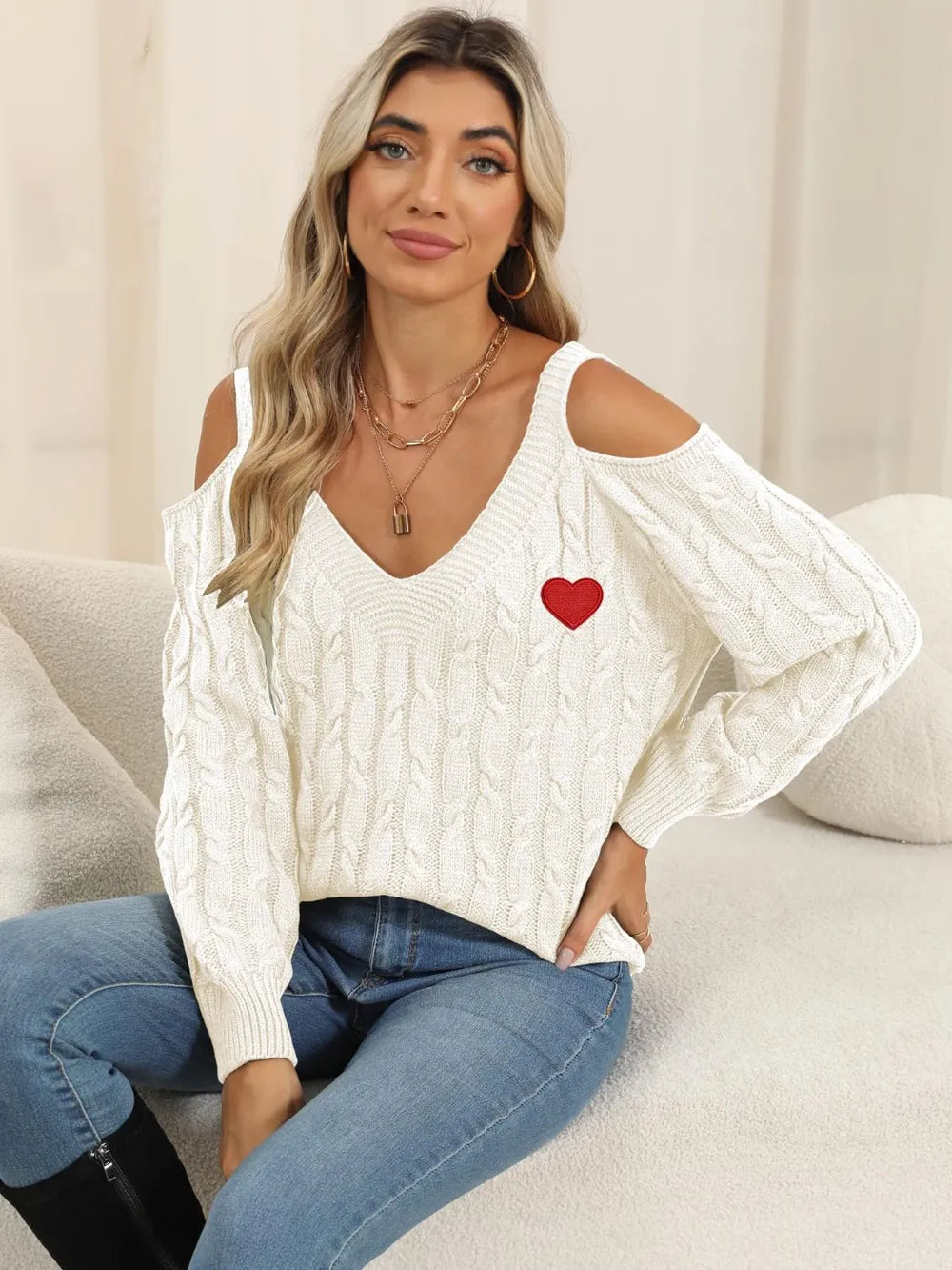 Trendy front image of Cable-Knit Heart V-Neck Sweater for seasonal outfits