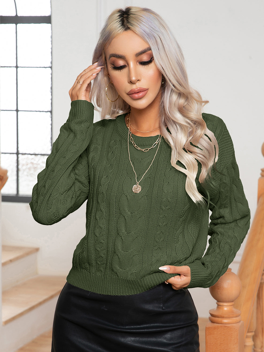 Warm cable knit sweater front everyday winter look long sleeves