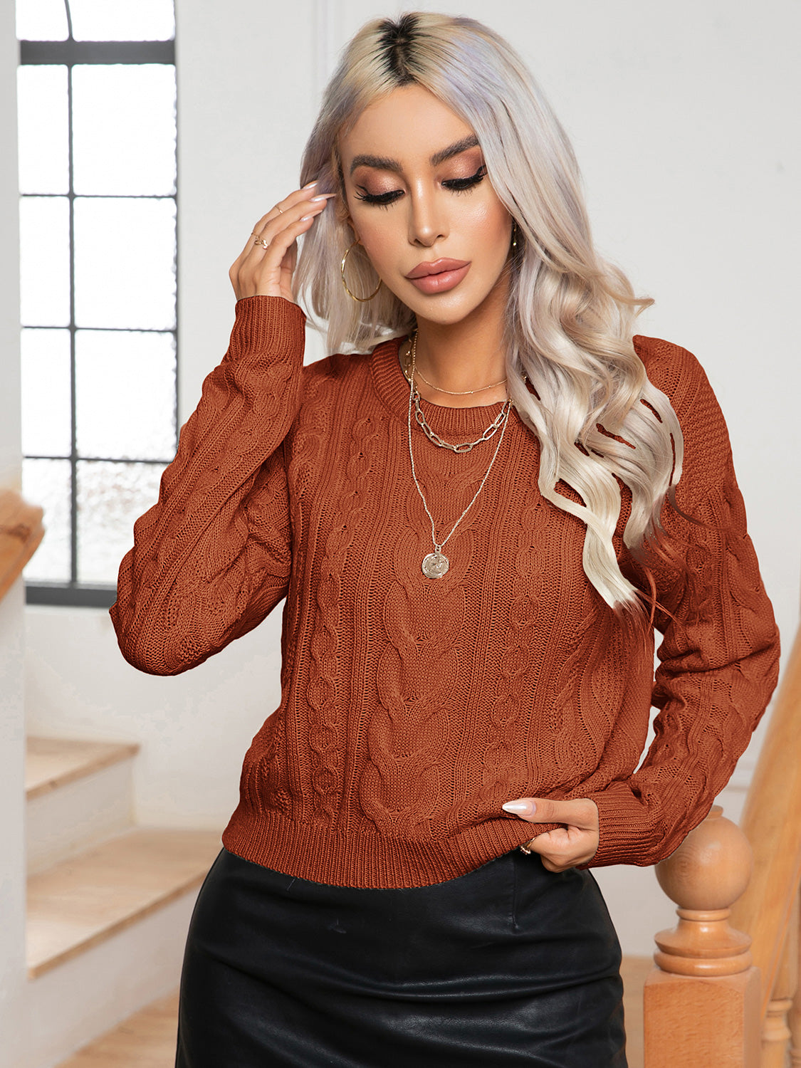 Round neck cable knit sweater front modern casual winter style