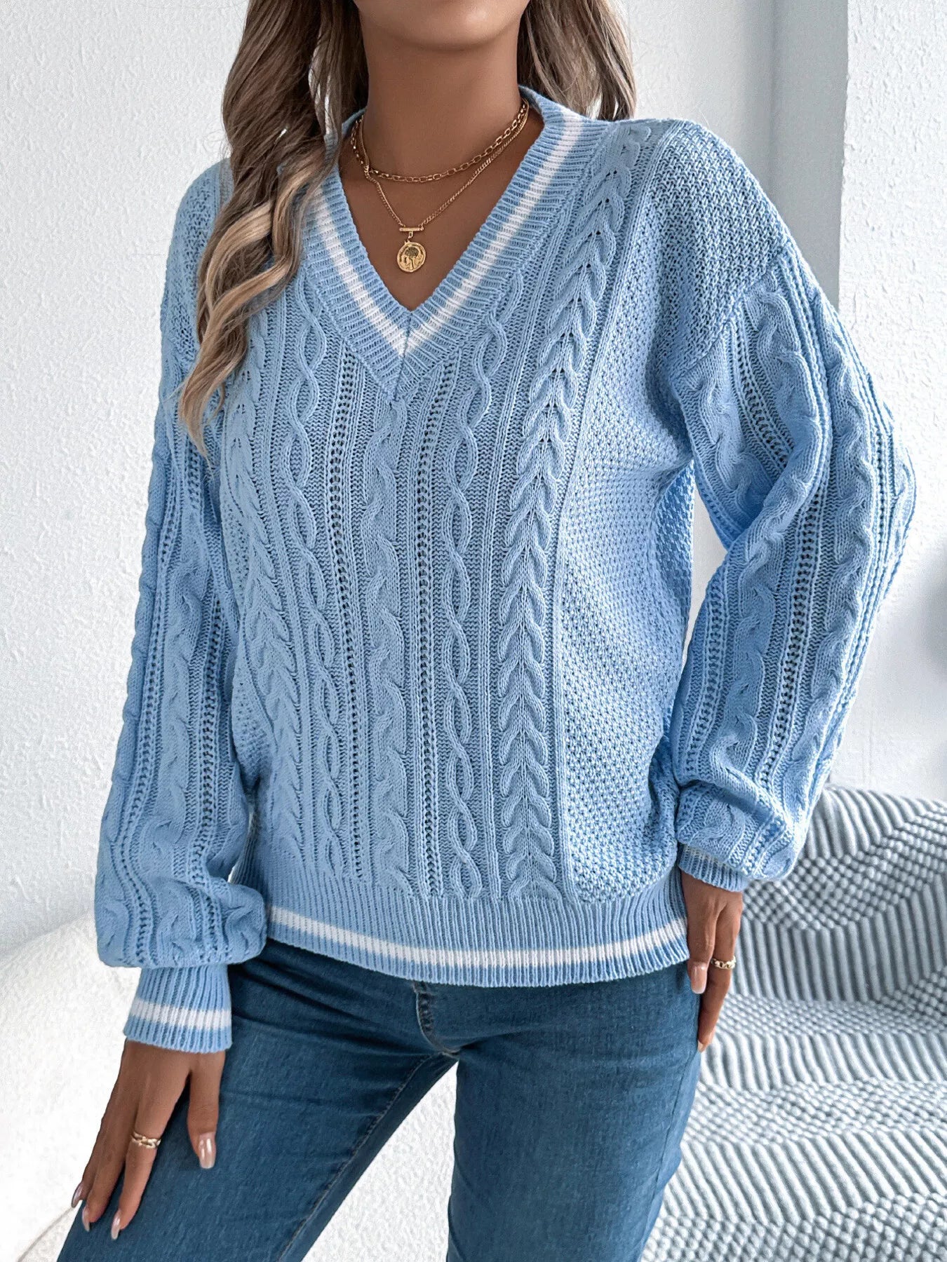 Women's cable knit sweater front soft warm outfit
