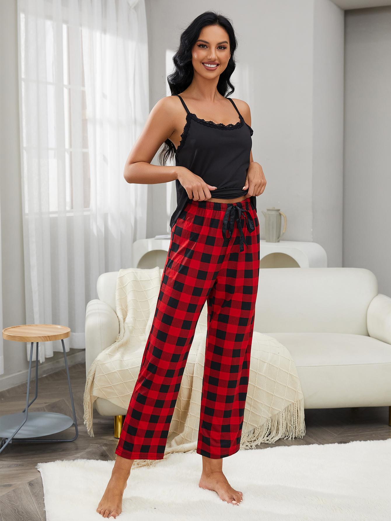 Stylish front look of lace trim cami and plaid pants set