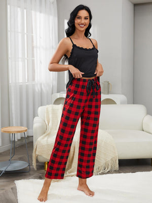 Stylish front look of lace trim cami and plaid pants set