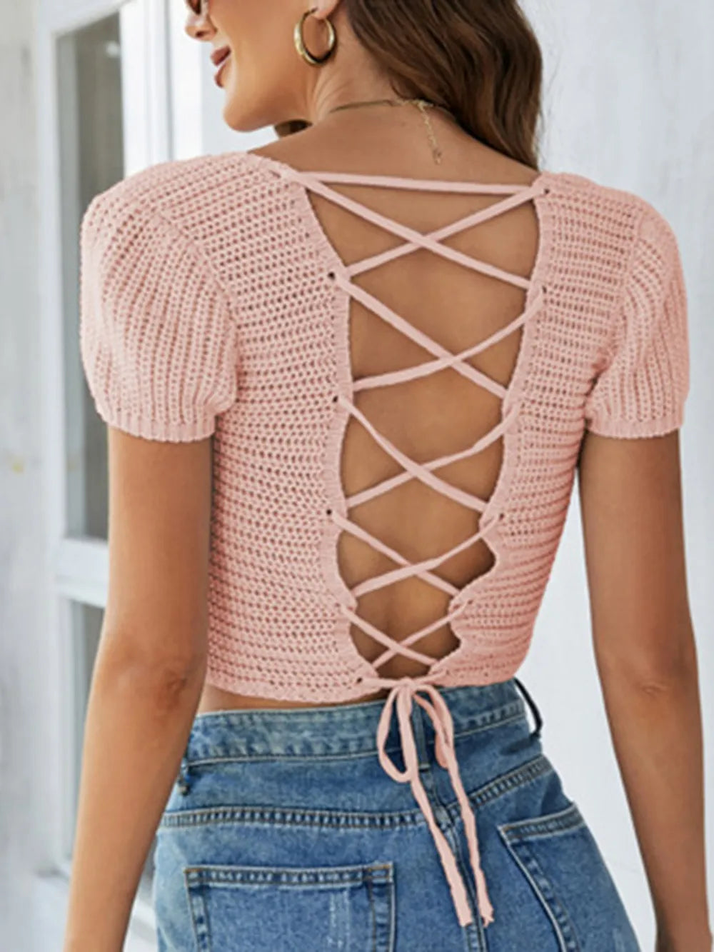 Back view lace-up openwork square neck sweater fashion