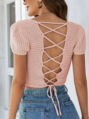 Back view lace-up openwork square neck sweater fashion