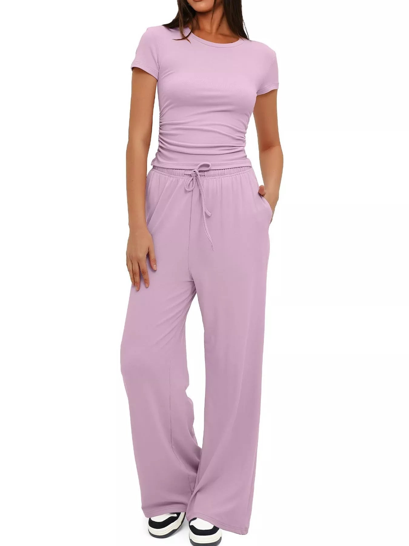 Comfortable lounge short sleeve top and pants set front