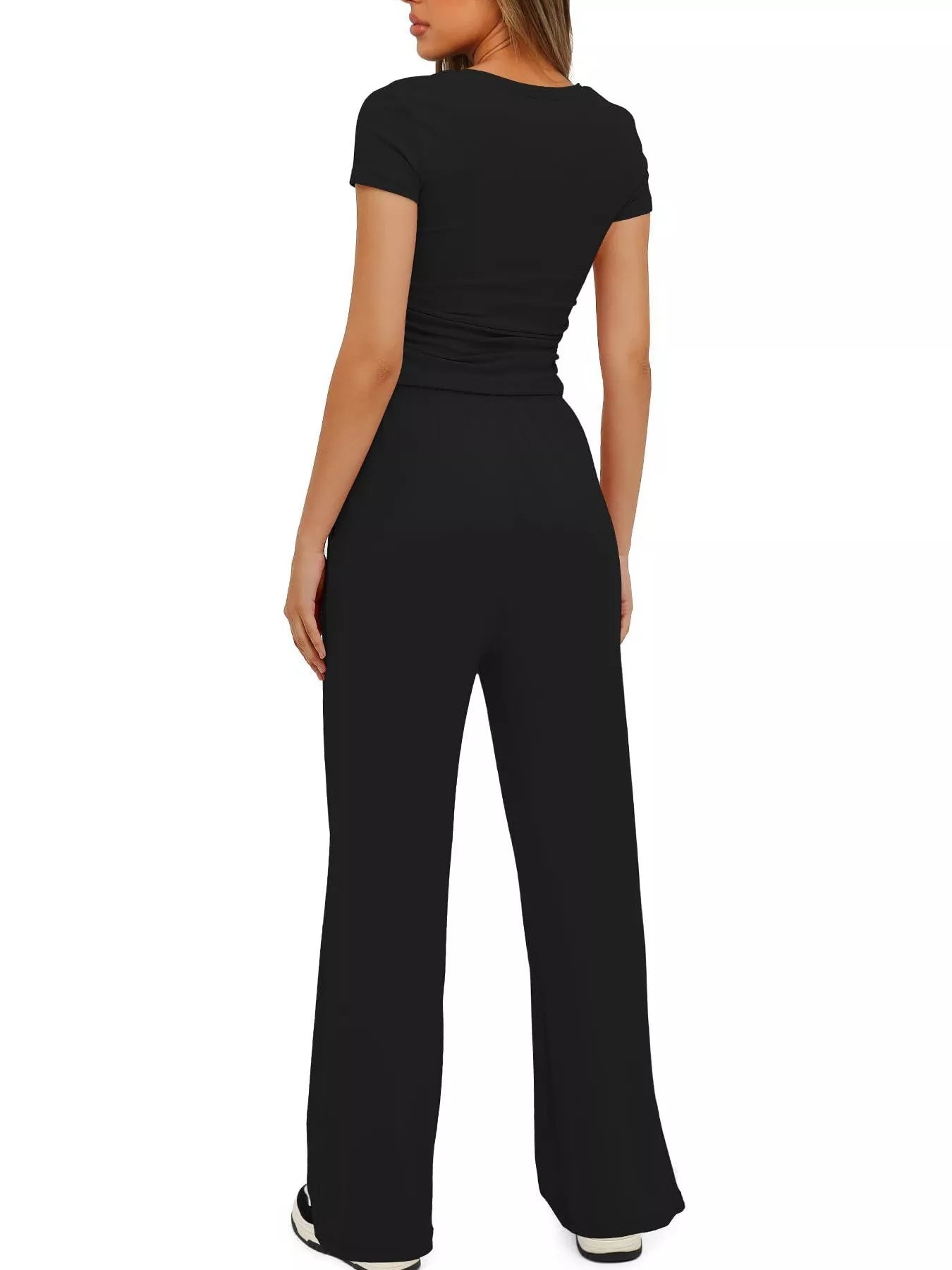 Back view of short sleeve top and drawstring pants set