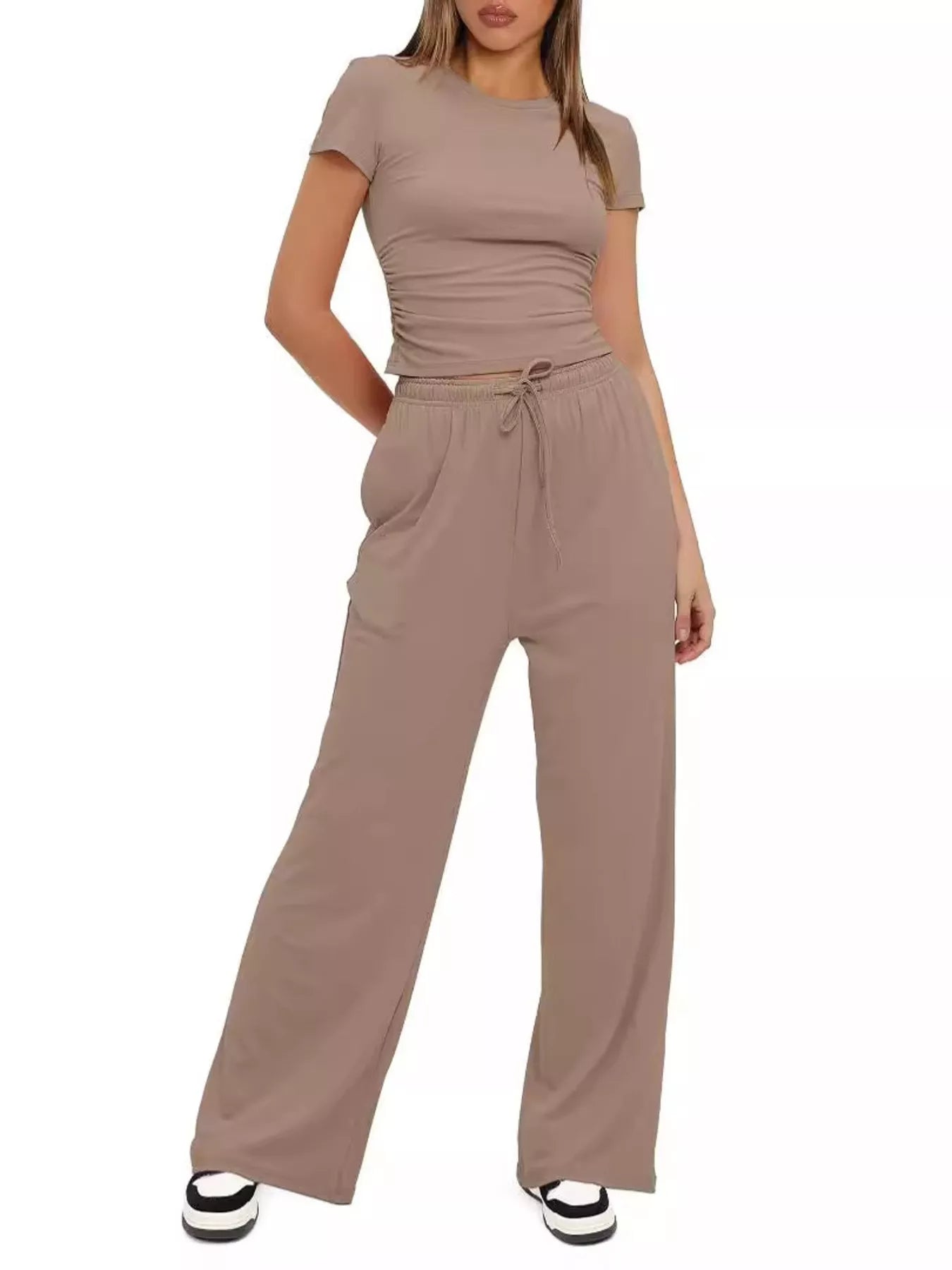 Short sleeve top and drawstring pants lounge set front style