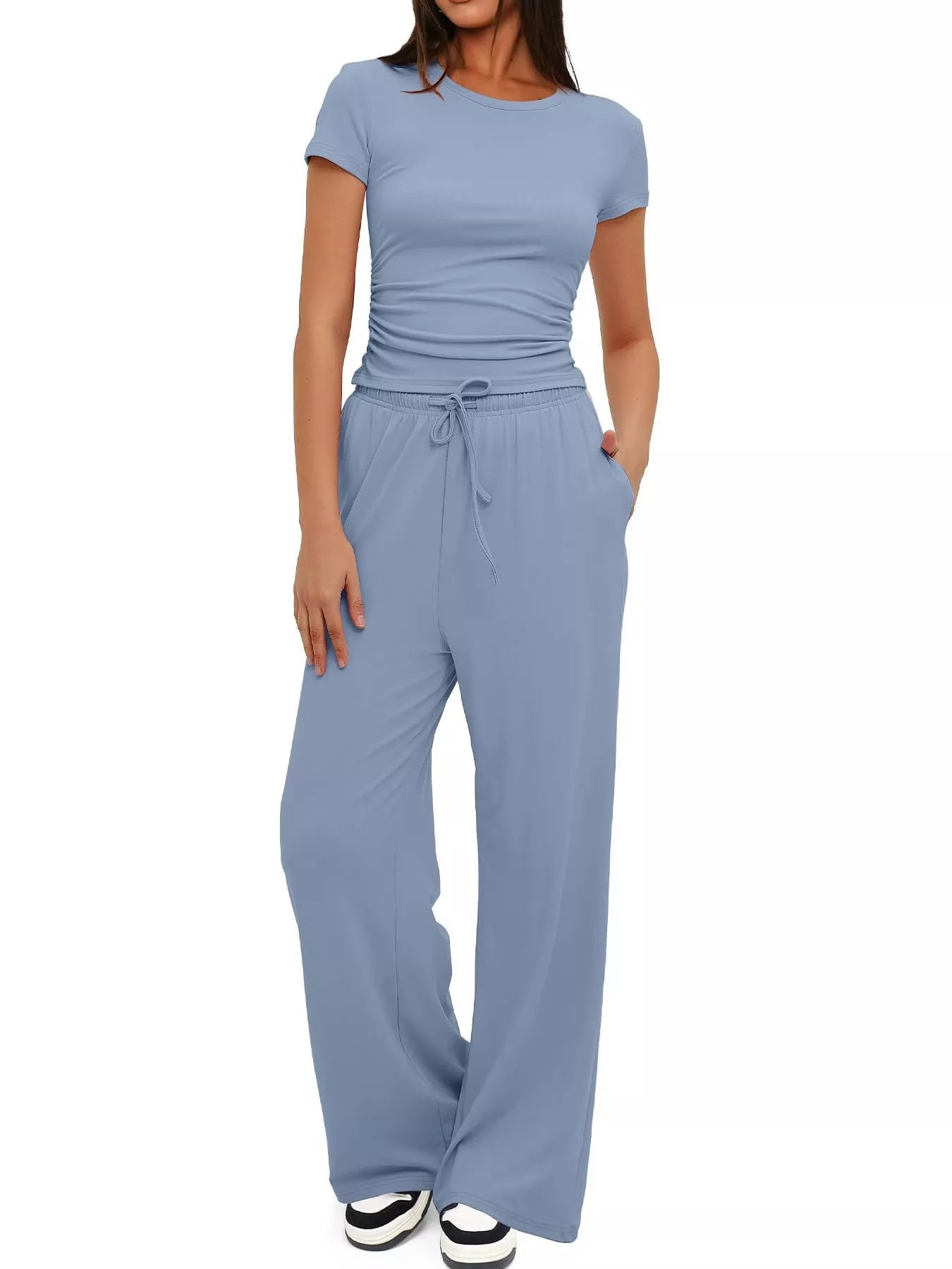 Minimal style short sleeve top and pants set front
