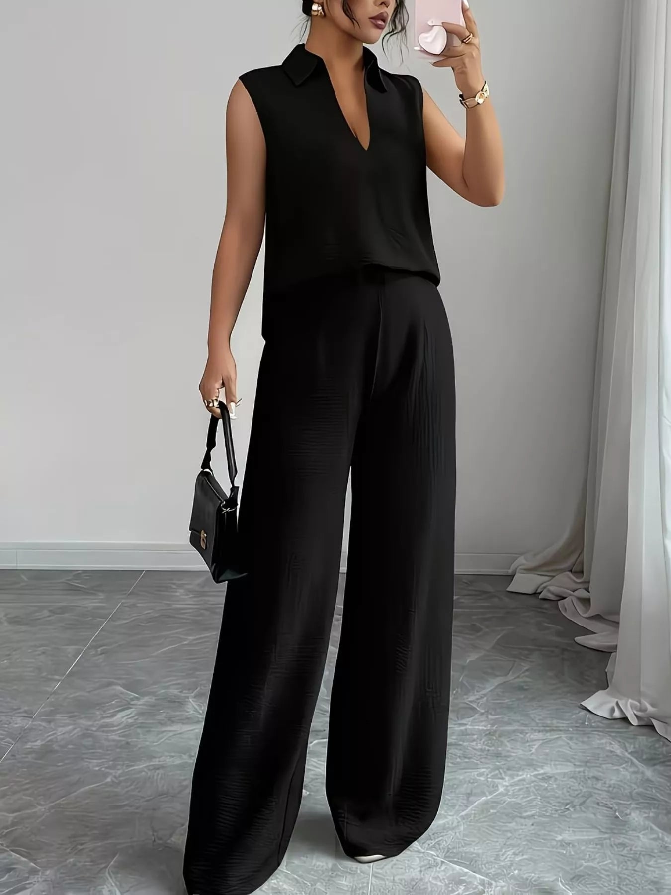 minimal sleeveless top and wide pants set front