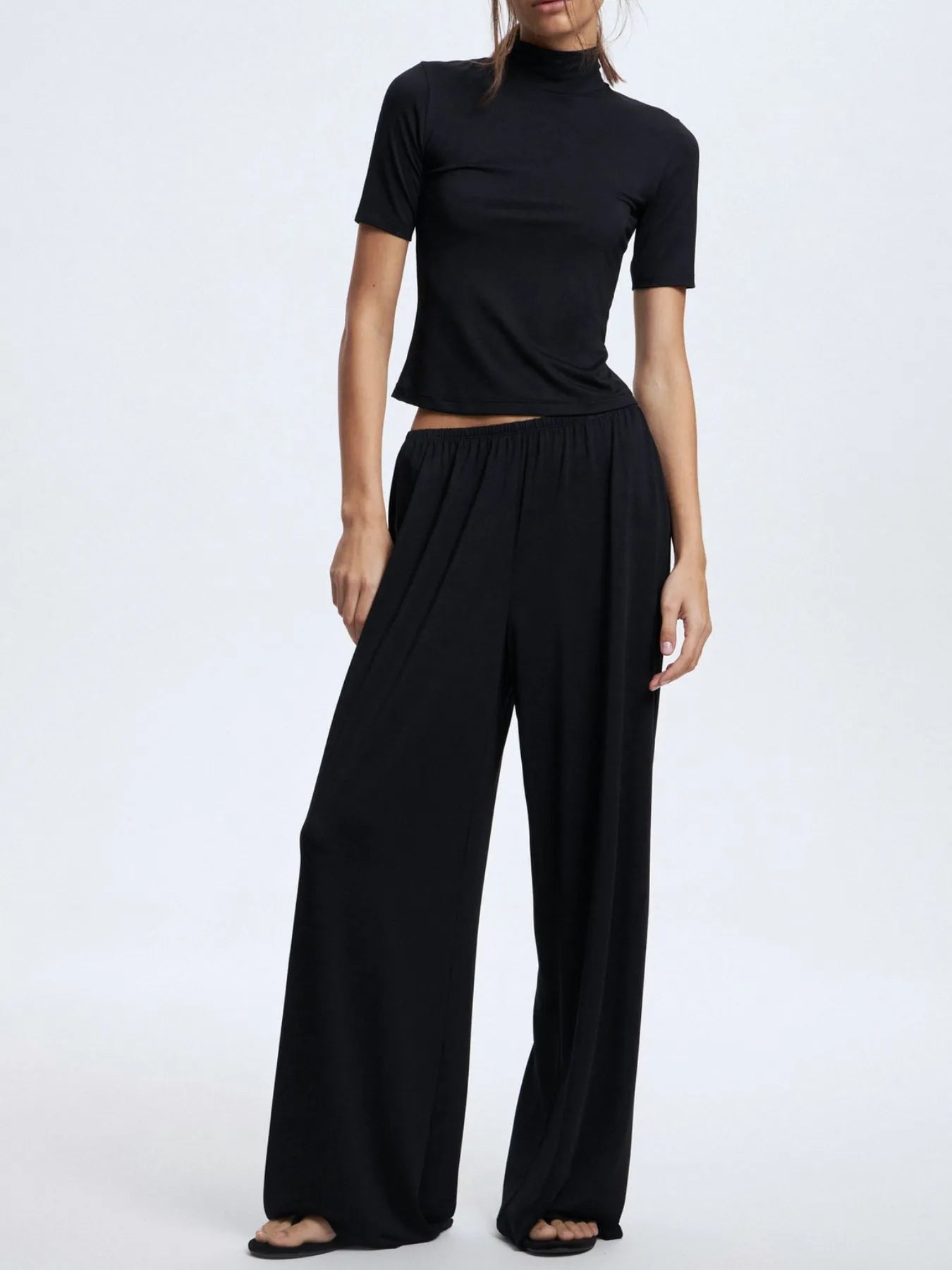 Front view of Mock Neck Short Sleeve Top and Pants Set