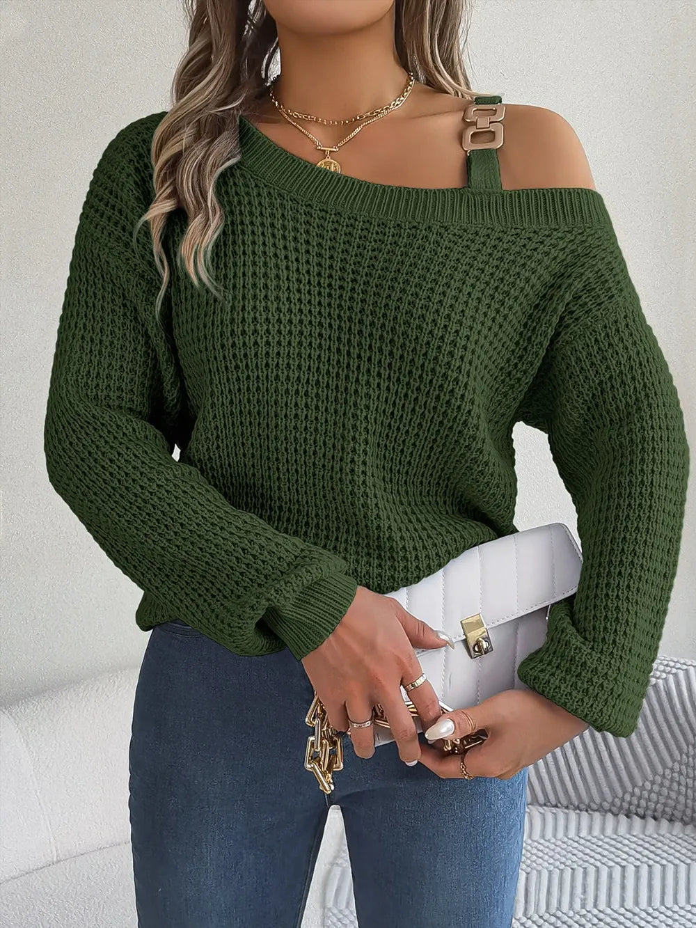 asymmetrical neck sweater front modern fashion look