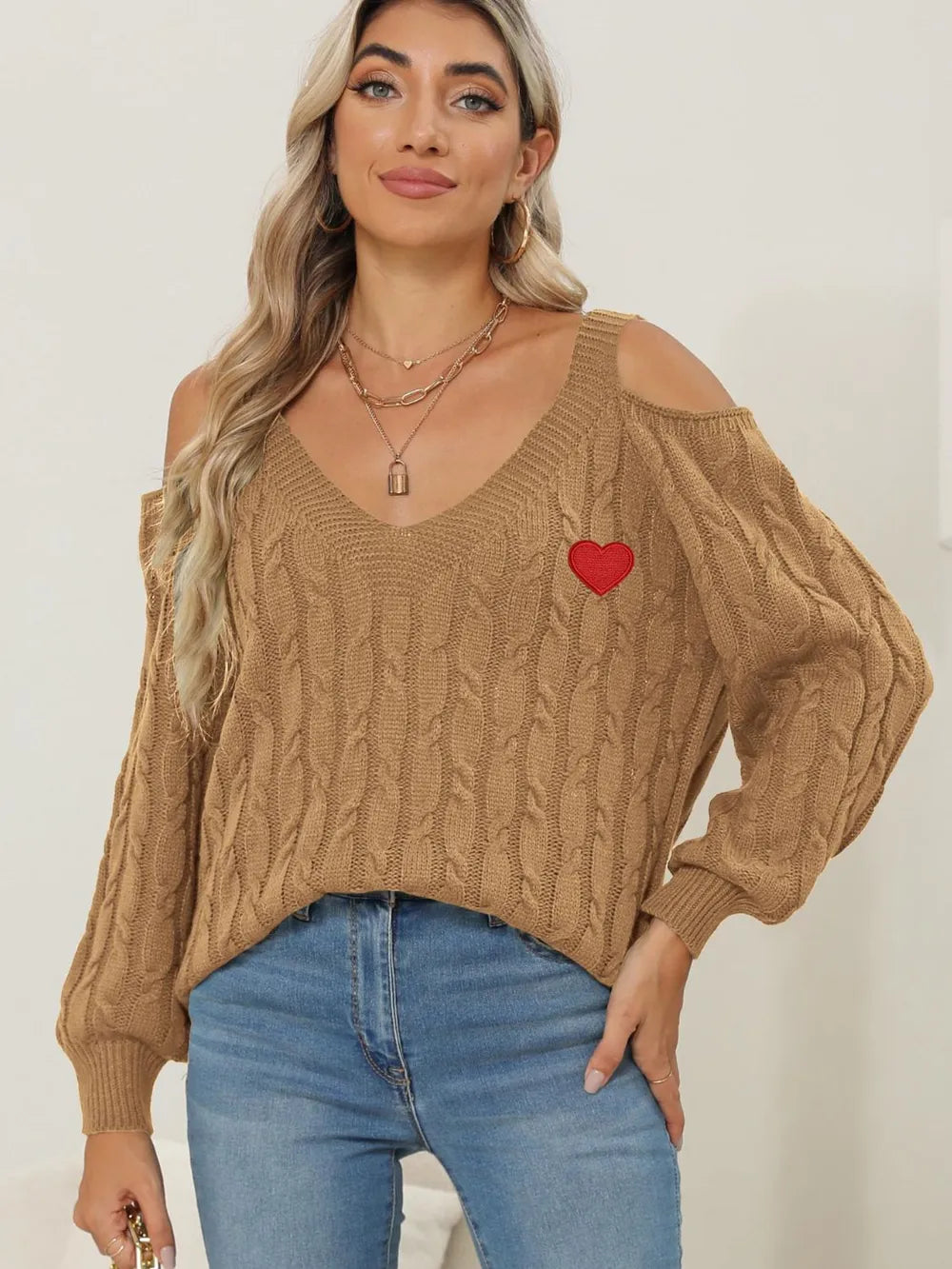 Stylish front look of Cable-Knit Heart V-Neck Sweater for women