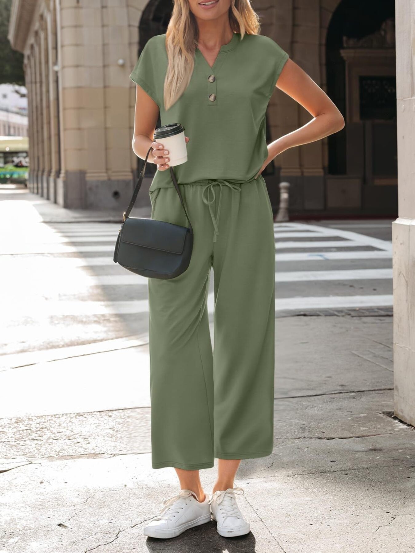 Modern front look of matching top and pants set